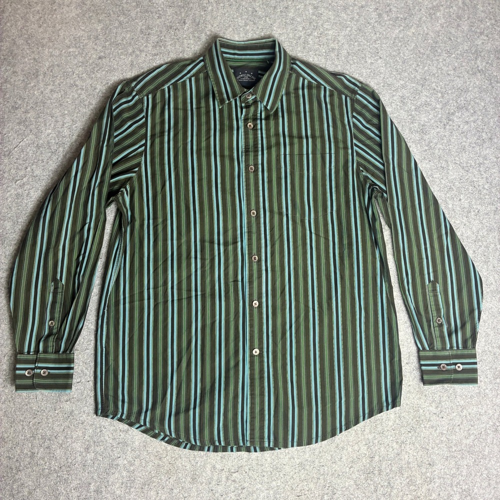 Indigo Palms Tommy Bahama Shirt Mens L Green Blue Striped Cotton Long Sleeve